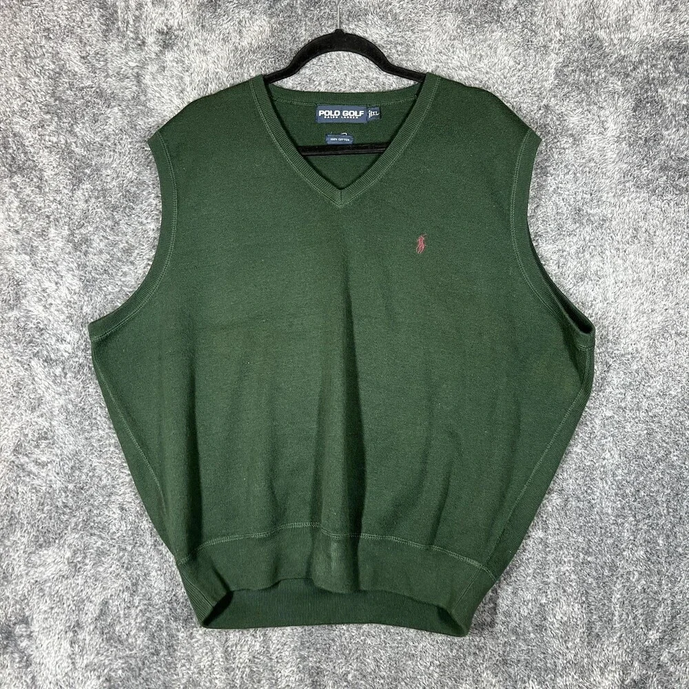 Polo Ralph Lauren Sweater Vest Mens XL Green V Neck Cotton Knit Pullover Golf